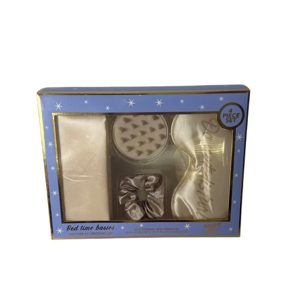 Silk Bedtime Accessories Set With Eye Mask Scrunchie Scalp Massager & Pillowcase